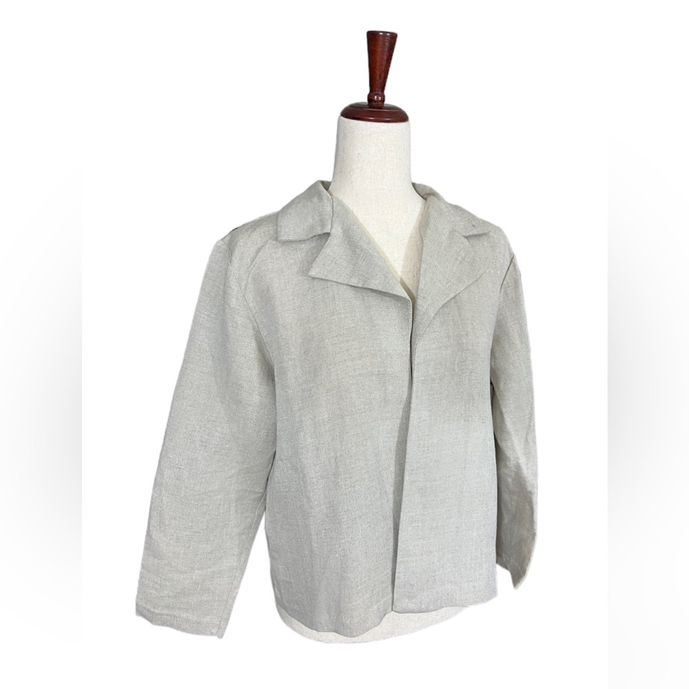 Linen Blend Lagenlook Minimalist VTG Coldwater Creek Beige Open Front Cardigan
